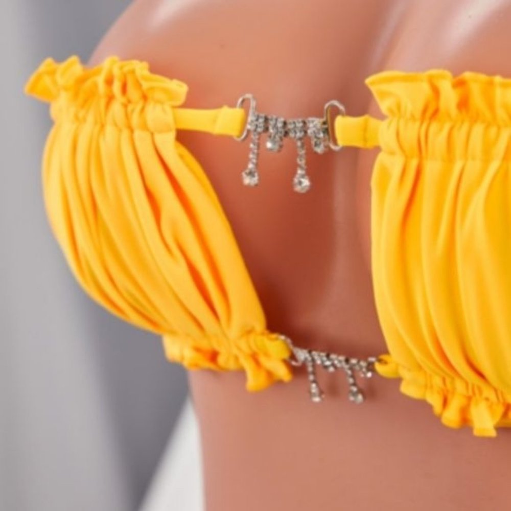 Stasia Booblicious Neon Coral Dangling Rhinestone Charm String Bikini - Picture 10 of 12